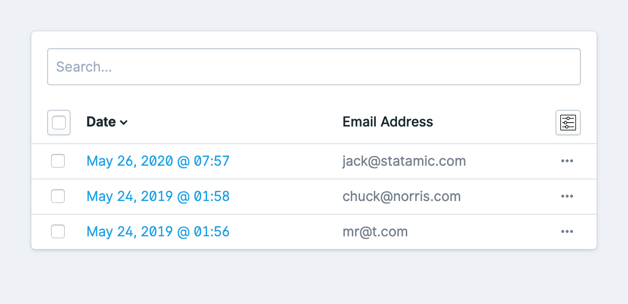 List of form submissions in the control panel