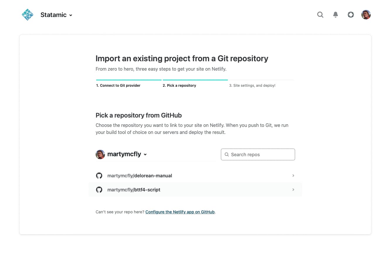 Pick a repository from your chosen Git provider