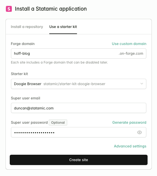 Create site using a starter kit