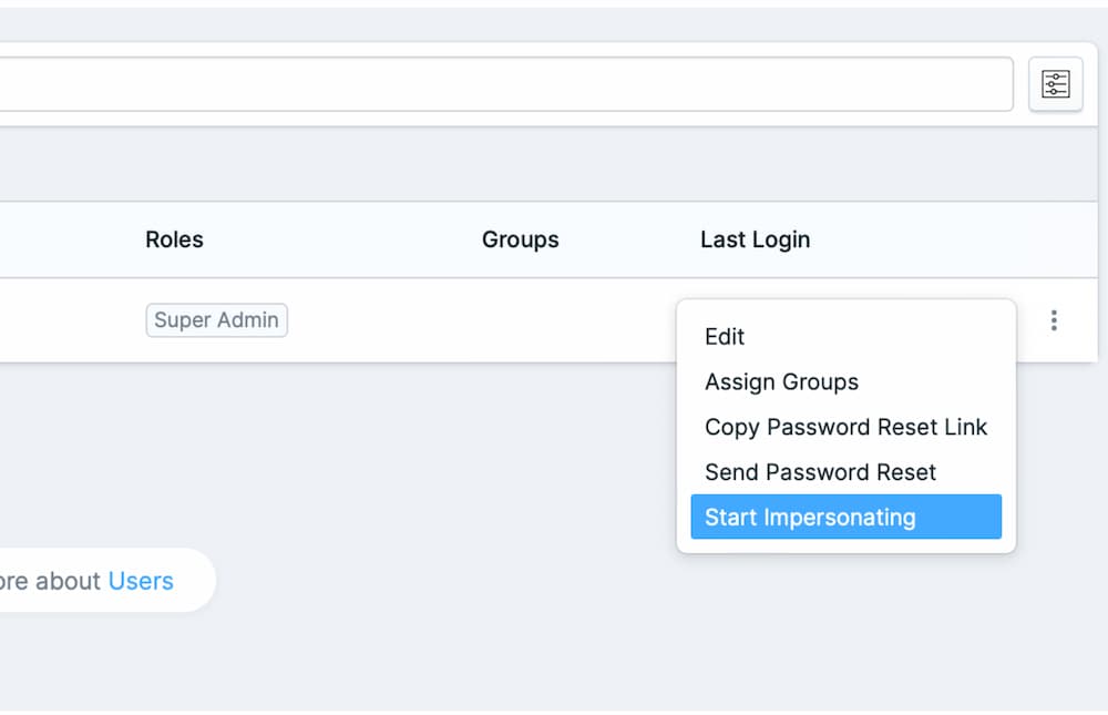 List view of Statamic Control Panel users with a dropdown showing various options, one of them being 'Start Impersonation'
